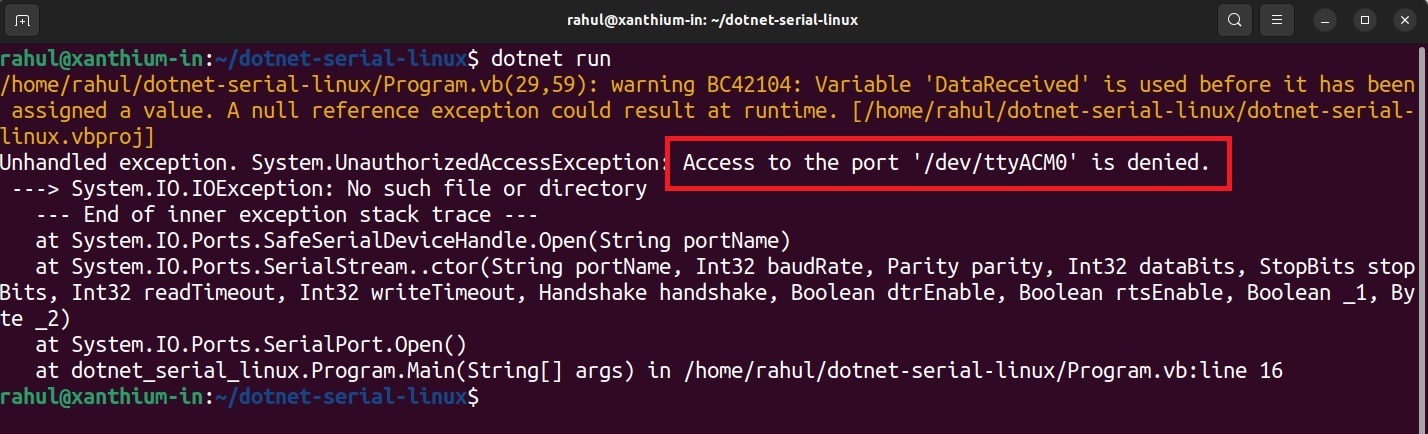 how to solve Access to Port "/dev/ttyACM0"is denied error in Linux during serial port programming
