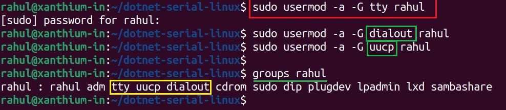 how to add user to groups like tty,dialout and uucp to get serial port permissions in Linux