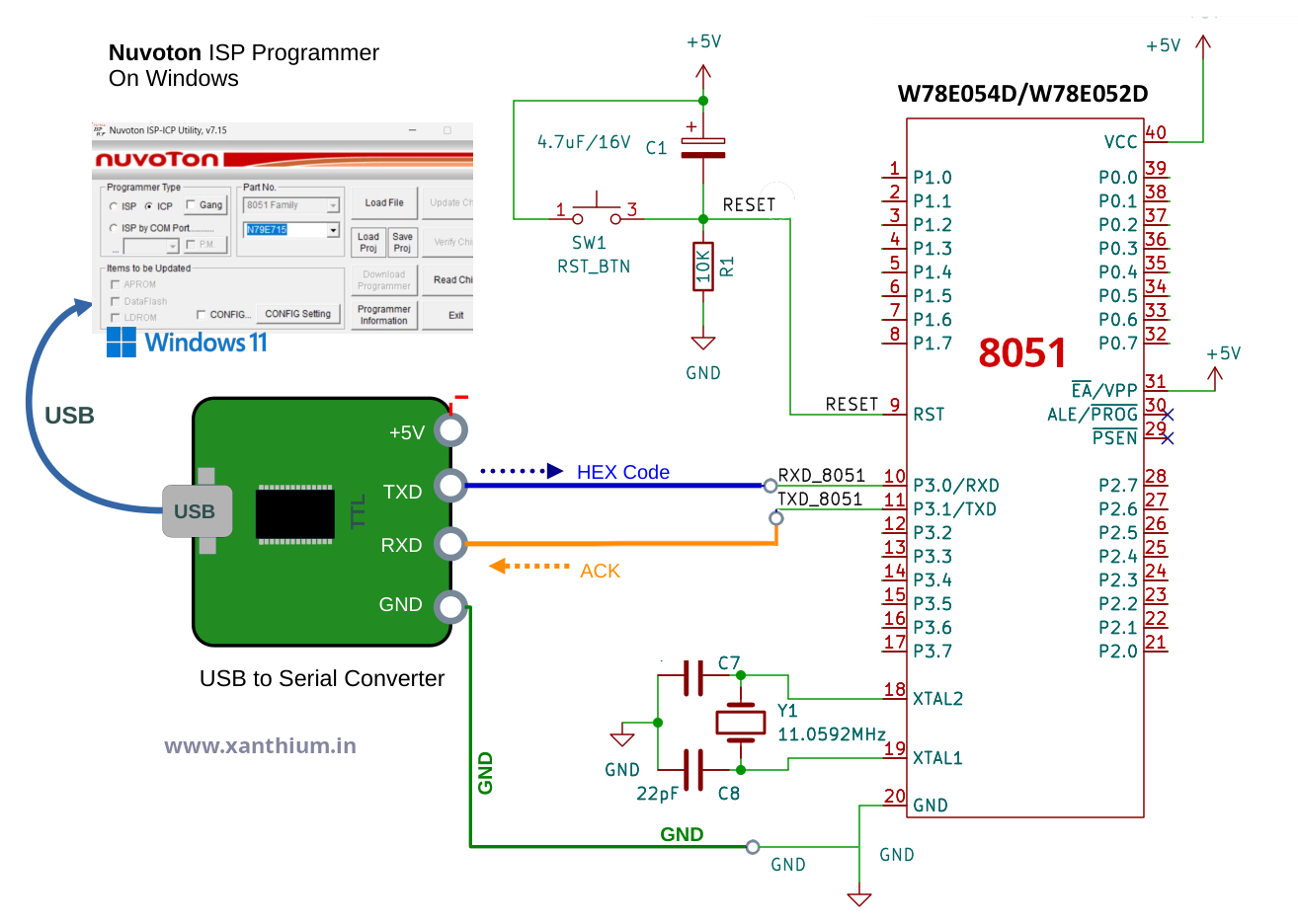complete hardware circuit for programming 8051 microcontroller using com port based isp programming software provided by nuvoton isp programmer