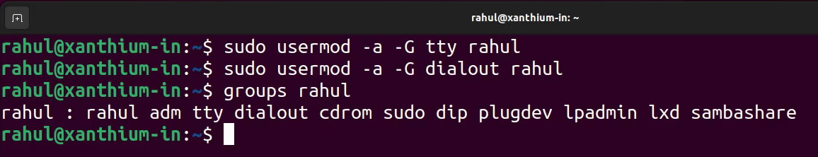 adding auser to tty and dialout groups so they can access the serial port on linux and avoid access denied errors