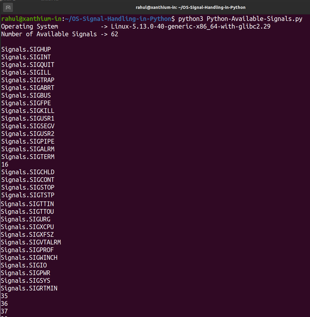 displaying available signals on Linux using python signal.valid_signal() function