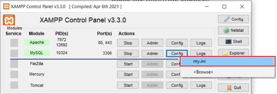 change mysql my.ini file during drupal 10 installation using xampp