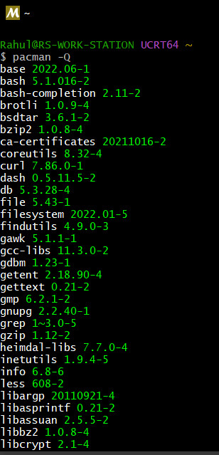 checking installed gcc packages on windows 10 msys2 using pacman