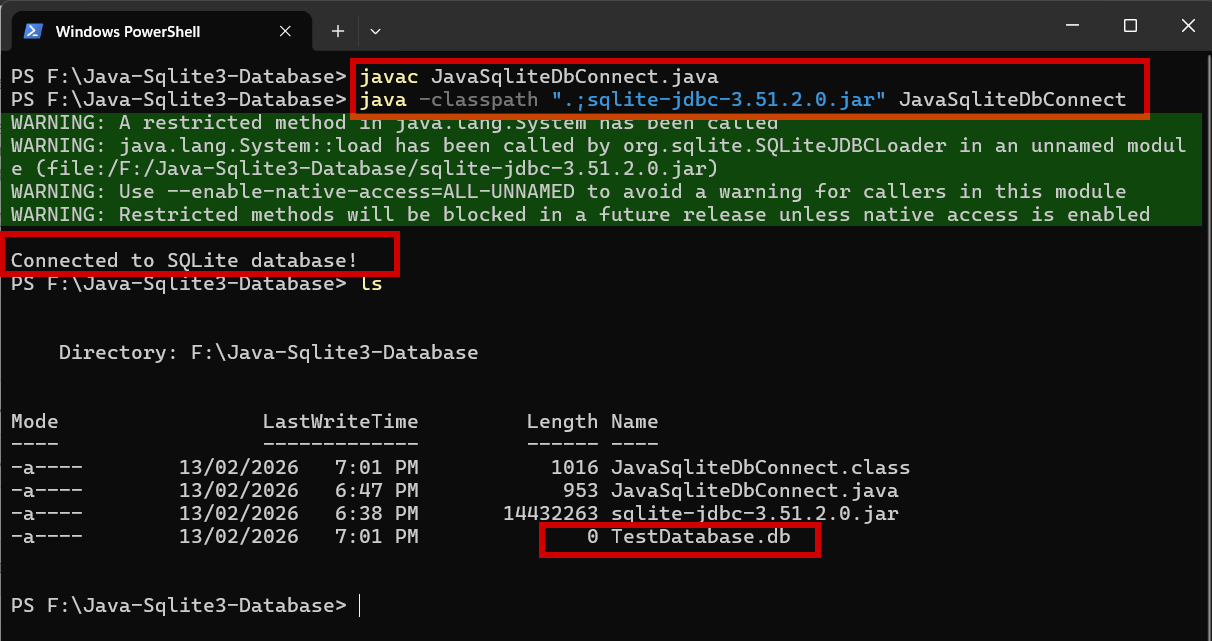 how to compile and connect to sqlite3 database from java language using SQLite Java JDBC driver (sqlite-jdbc-3.51.2.0.jar) from xerial