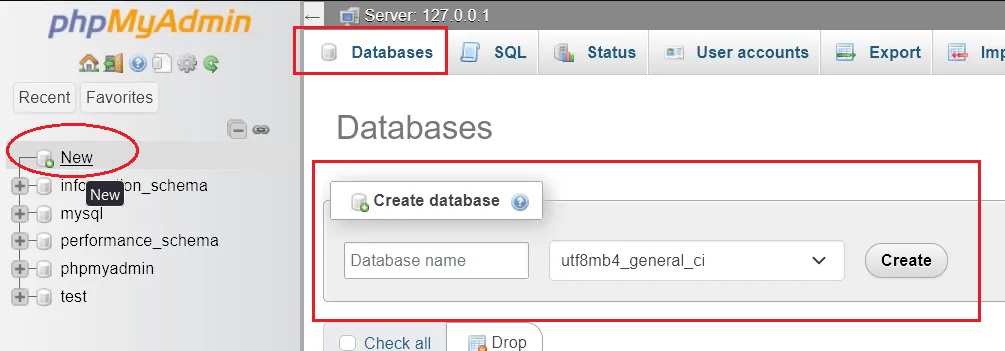 creating a database for drupal10 installation using phpmyadmin 