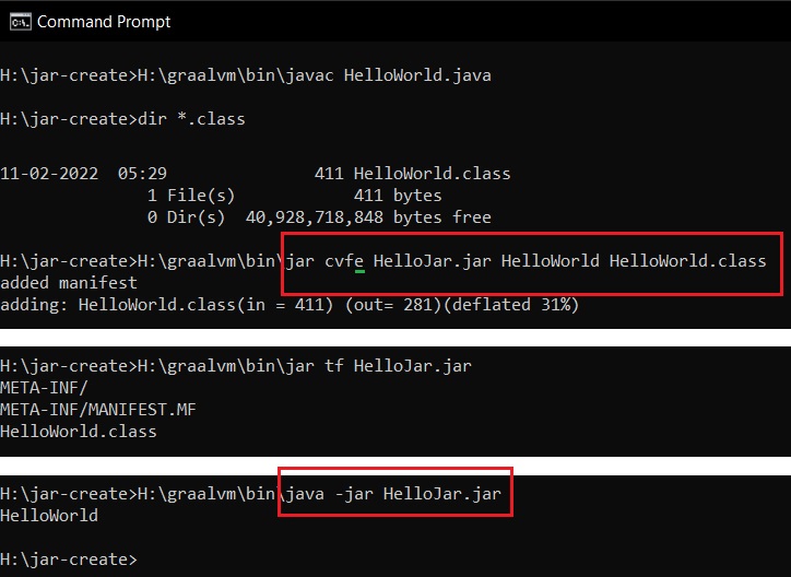 How to create executable jar files using GraalVM oracle JDK in command line windows without getting error unable to execute jar file