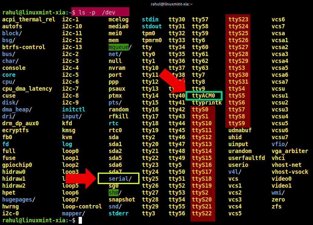 how to find serial port names in linux inside the /dev directory for programming