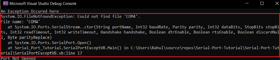 how to open a serial port connection in vb.net inside a try catch exception handler