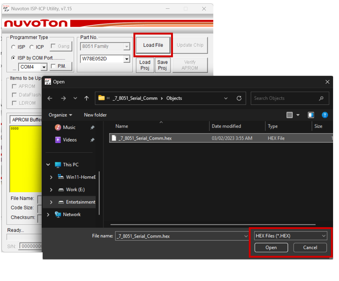 how to upload hex code to w78e054ddg 8051 variant from nuvoton over com port 