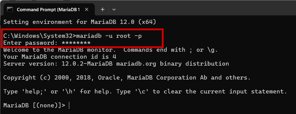 logging into mariadb database using command line interface