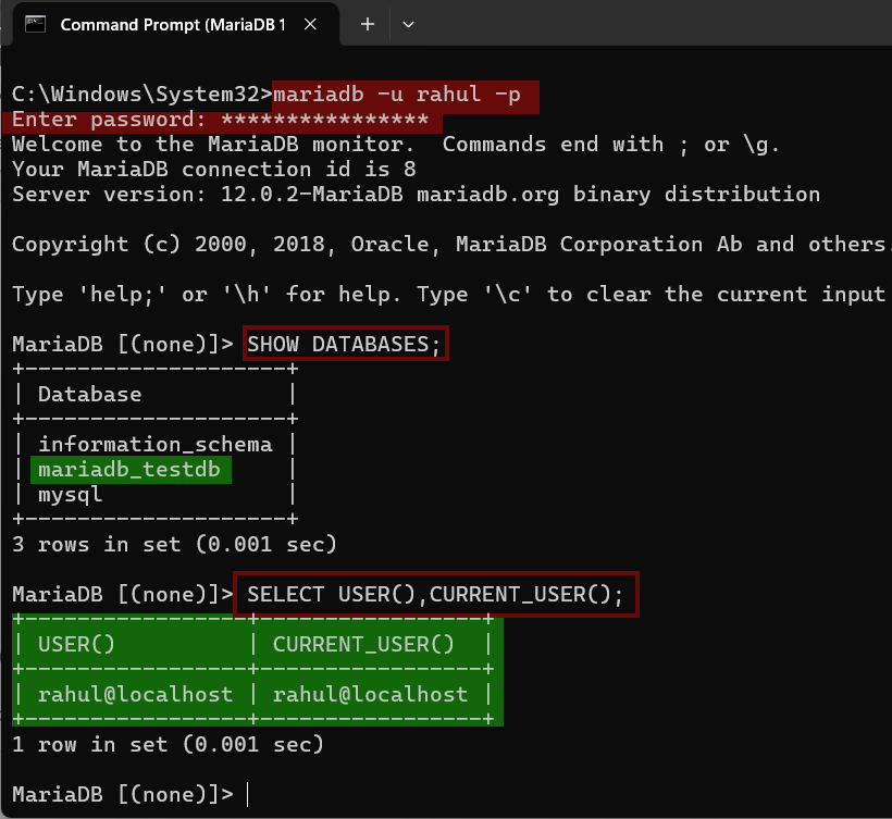 logging in to your mariadb account from command line for Python crud ops