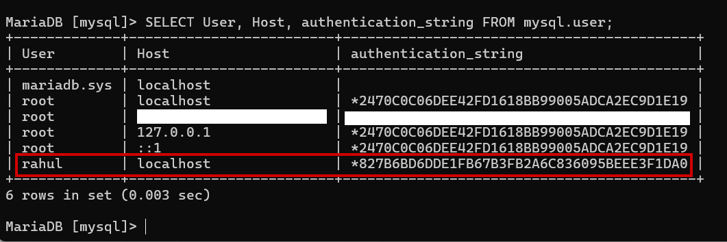 how to view the user ,hostname and hashed password from a mariadb databse 