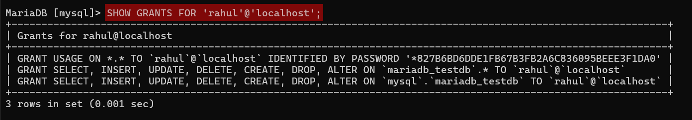 how to check the privileges granted to a mariadb user acount using commandline