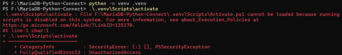 installing mariadb python connector on windows 11 using venv virtual environment