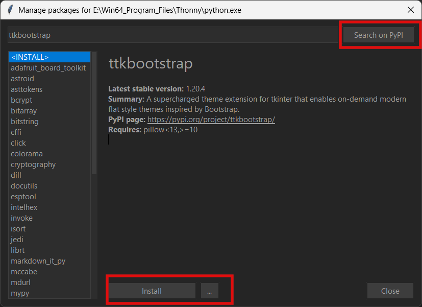 how to manage tkinter pyserial ttkbootstrap backages using the thonny IDE for serial port programming using python