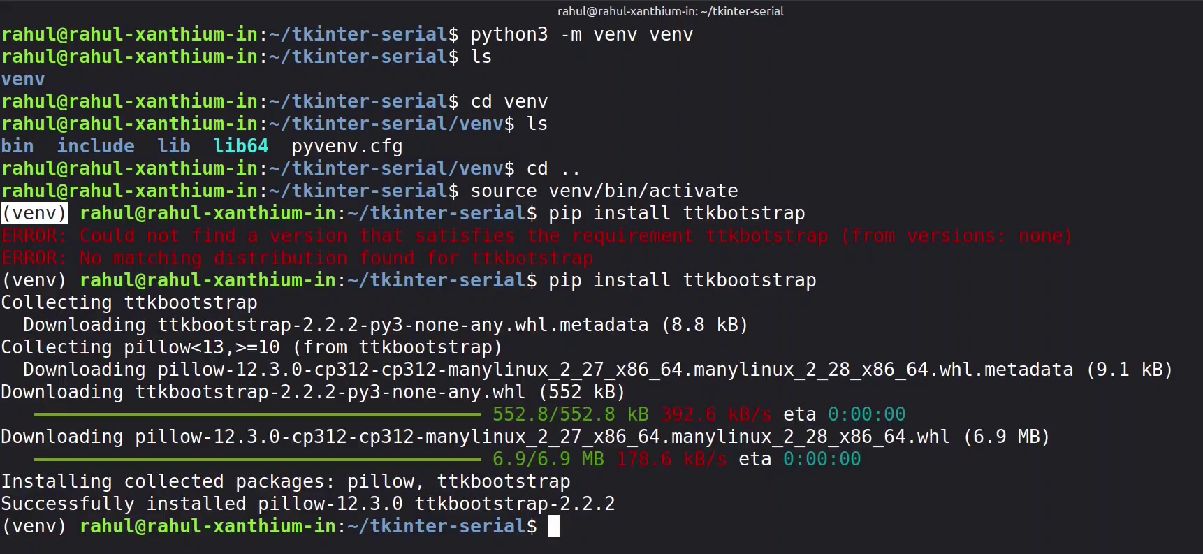 Installing ttkbootstrap theme and pyserial  on Linux