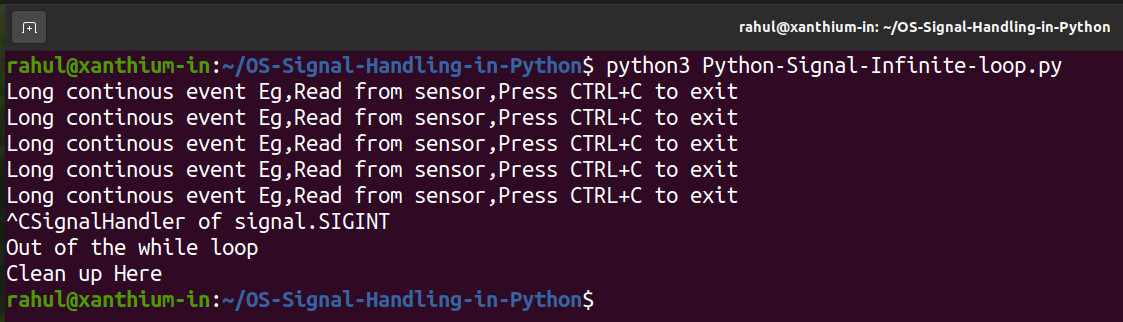 getting out of infinite loop in python in linux using SIGINT signals