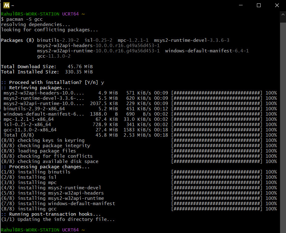  installing gcc Mingw-w64 from msys2 repo on windows 10 using pacman 