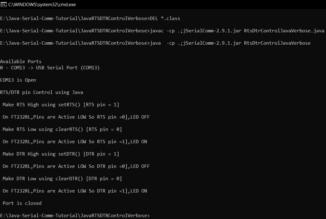 java serial port program using jserialcomm controlling rts dtr pins of usb to serial converter