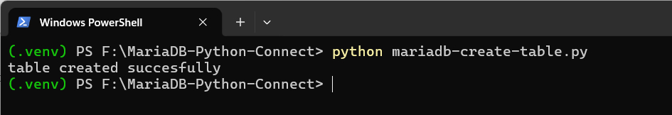 how to create a table inside mariadb database using python and sql commands 