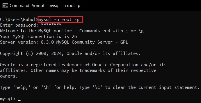 logging into mysql from command line on windows.