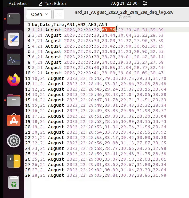 text file containing logged values from Arduino in a csv format created by python data logger 