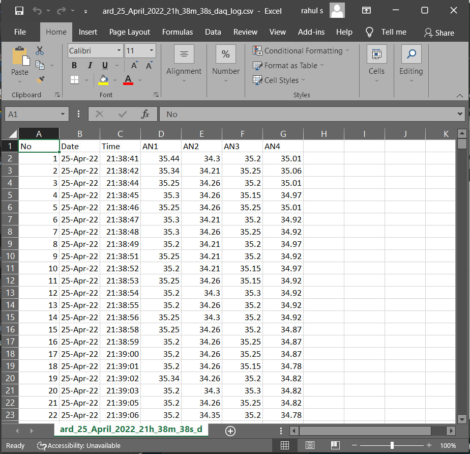 importing data generated by your Arduino Python Data acquisition system to MS Excel