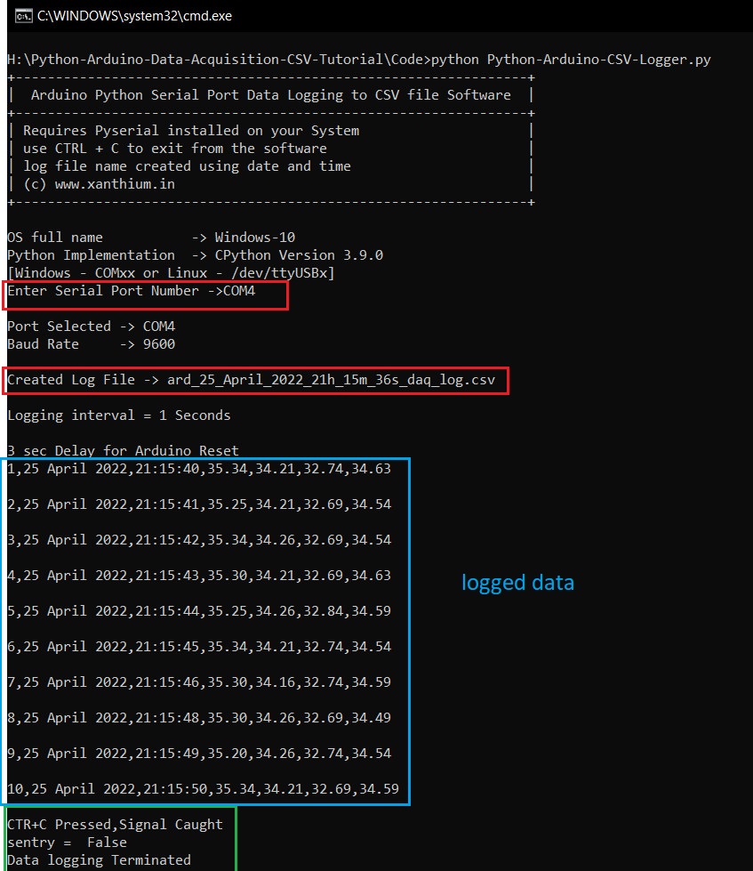 Python serial port based data acquisition system running on Windows 10