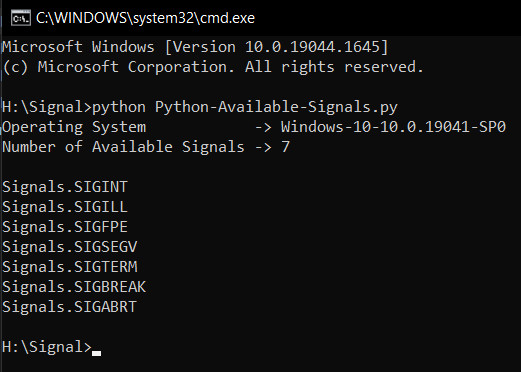 python OS Signal handling tutorial on Windows System showing available signals like SIGINT,SIGBREAK
