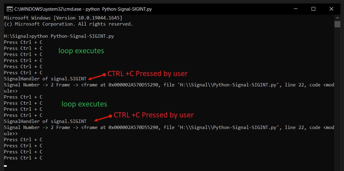 catching and using SIGINT signal on windows using Python signal module