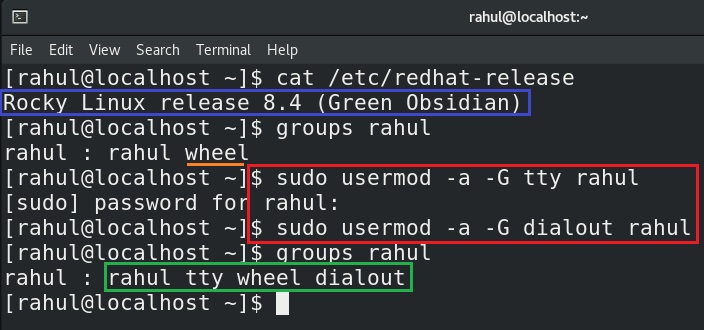 Adding the user rahul  to dialout and tty groups on Rocky Linux/RHEL/Centos7/8