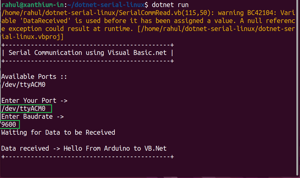 visualbasic.net serial communication code running on Ubuntu Linux receiving a string or data from a connected Arduino