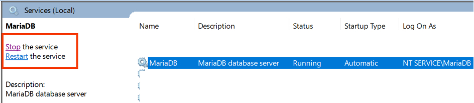 starting and stopping nariadb server from services.msc on windows 11