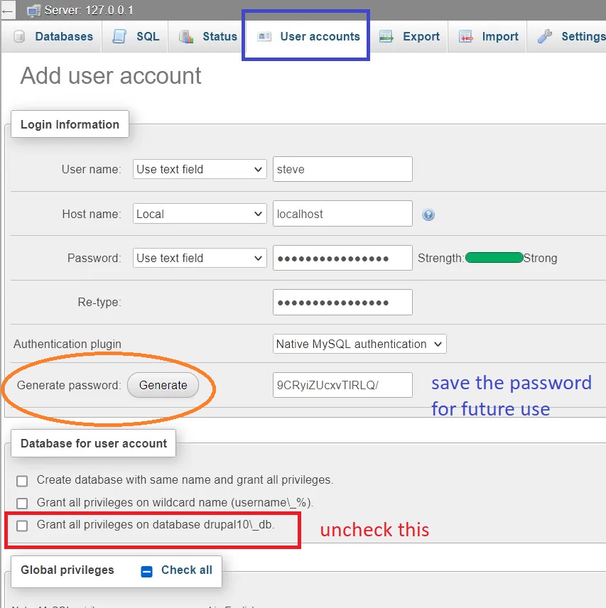 adding a user to the drupal 10  databases created